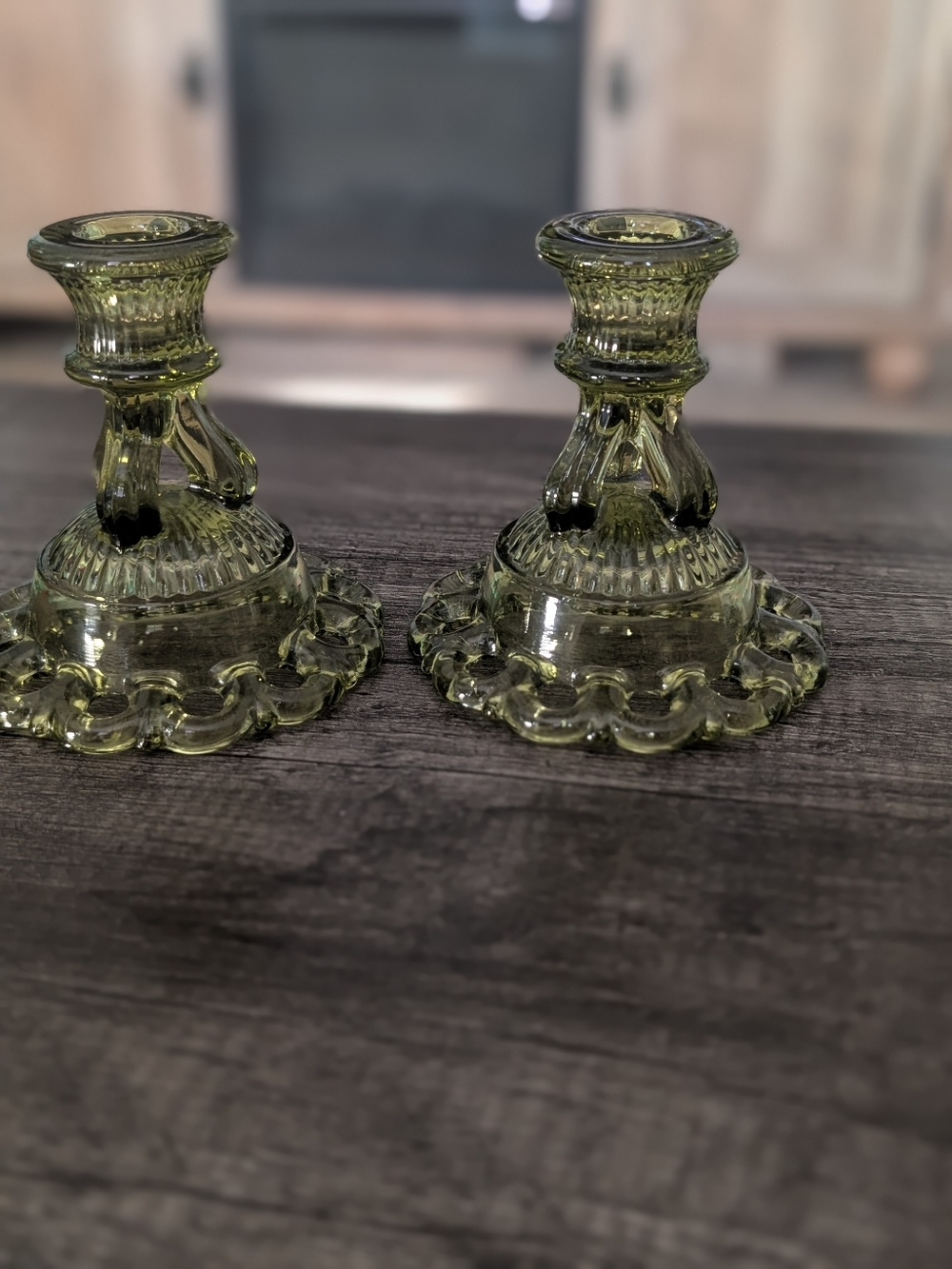 Westmoreland Glass Green Doric Open Lace Candle Stick Holders
